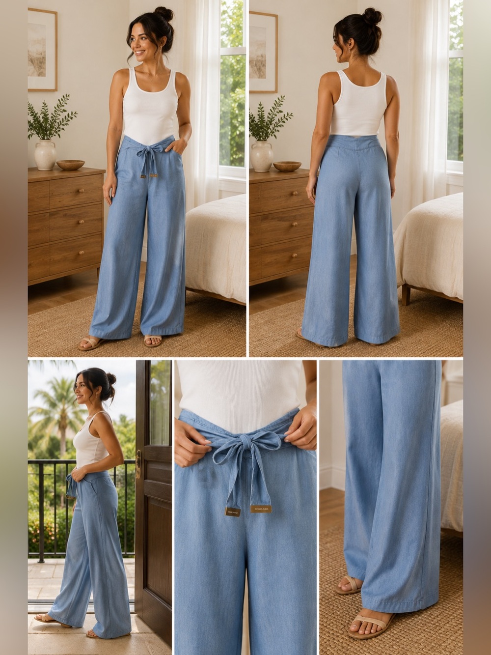 Michael Michael Kors Chambray Tie-Waist Wide Leg Pants | XS